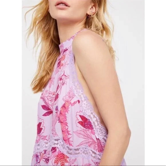 Free People Mini Dress Medium Purple Pink Floral She Moves Sleeveless Tunic - Picture 5 of 13